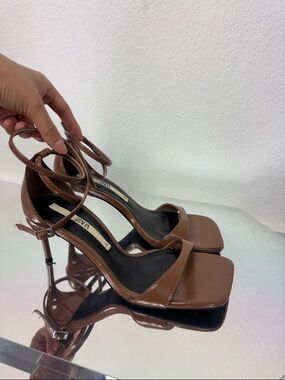 Zara Tan Square-Toe Ankle-Tie Heels
